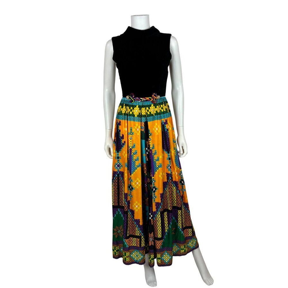 Vintage 60s Jumpsuit Womens XS Multicolored Wide Leg Pants Velvet Hostess Outfit - Picture 2 of 13